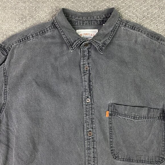 Vintage 90s Levi's Denim Shirt Men's Large Black Orange Tab Chambray Button Up - Picture 7 of 13